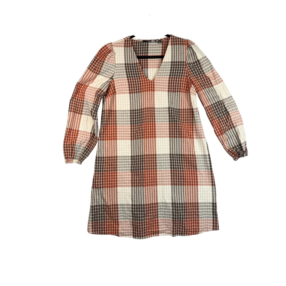 Vero Moda Maternity Plaid V-Neck Mini‎ Dress Rust Brown Small Long Sleeve Shift